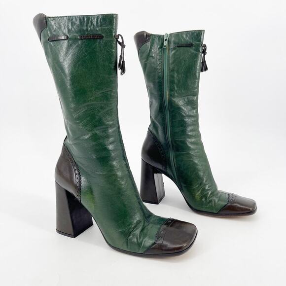 Prada Fall/Winter 1999 Green & Brown Leather Mid-Calf Block Heel Boots IT 37 - Picture 1 of 15